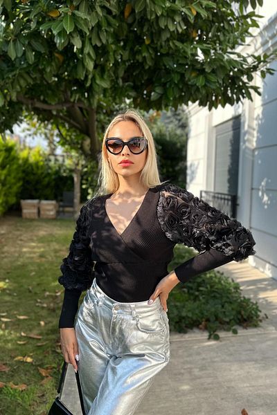 For Angels Pulover negru cu două piepte din dantelă