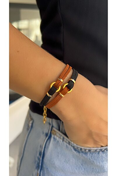 Kutcha Accessories Kahverengi Siyah Süet Ikili Deri Bileklik