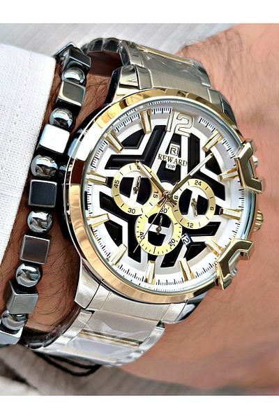 Reward Men's Silver Colored Large Case Steel Cord Wrist Watch + Bracelet