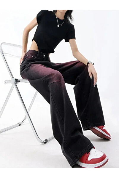 Toum dompuleri moda Mor Trendy Degrade Desenli Yıkamalı Baggy Pantolon