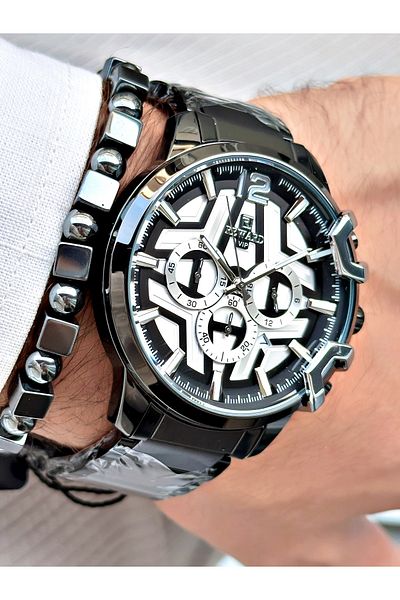 Reward Men's Wristwatch - Black, Large Case, Steel Cord, + Bracelet