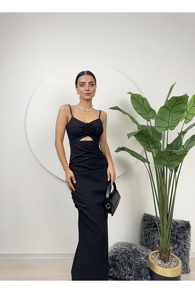 maf collection Μαύρο βραδινό φόρεμα - Μπροστινό ροζ λεπτομέρεια