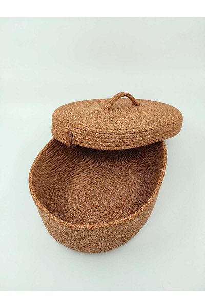 REYGON TEKSTİL wicker OVAL BASKET WITH JUTE LID, HAND WOVEN BASKET BATHROOM AND KITCHEN ORGANIZER 30X25X10