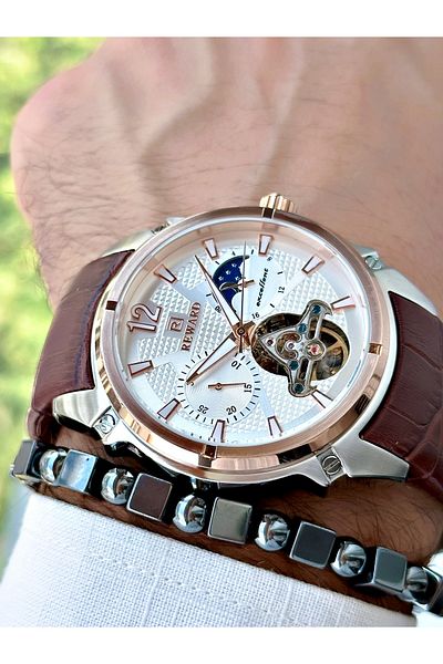 Reward Luxury Men's Wristwatch - Brown Leather Cord, Steel Case and Mechanism + Bracelet Gift