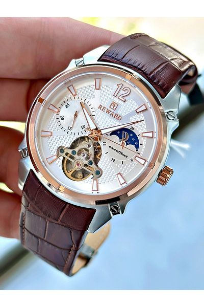 Reward Luxury Men's Wristwatch - Brown Leather Cord, Steel Case and Mechanism + Bracelet Gift