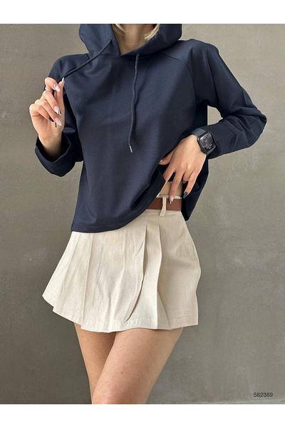 WoolnClyde Women's Navy Blue Solid Color Oversize Fit Hooded Hoodie Unprinted Basic Sweatshirt