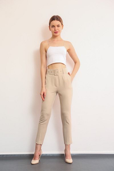 WoolnClyde Women's Thick Belted High Waist Fabric Trousers