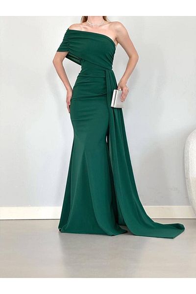 WoolnClyde Women's Emerald Madonna Collar Single Short Sleeve Tail Detailed Maxi Length Drape Gathered Long Evening Dress