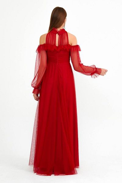 WoolnClyde Women's Red Tulle Neck Sleeve Detail Lined Tulle Long Evening Dress