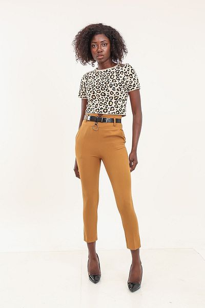 WoolnClyde Women's Extra High Waist Fabric Leather Belt Detailed Trousers