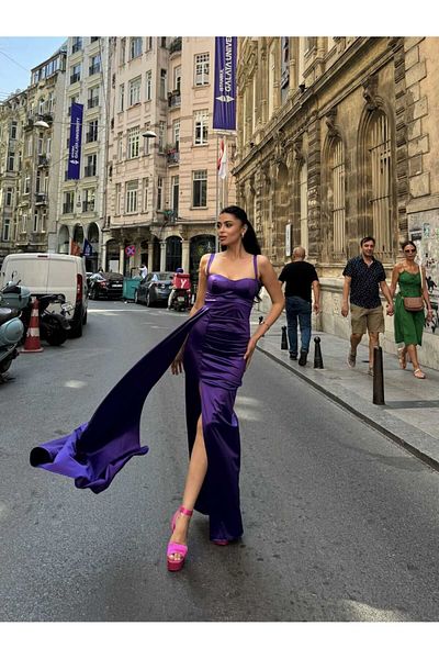 WoolnClyde Purple Satin Fabric - Maxi Length Evening Dress with Sweetheart Collar and Off-the-Shoulder Straps