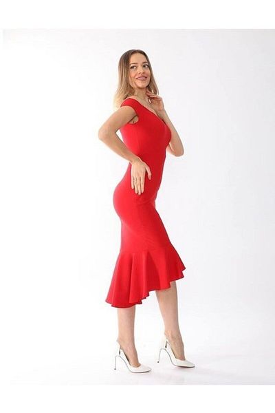 WoolnClyde Women's Red Boat Neck Flounce Midi Dress Evening Dress