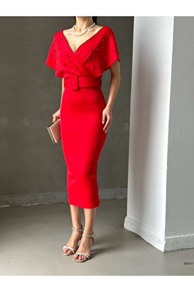 WoolnClyde Női piros duplasoros gallérral gyöngyöző részletes molett denevér ujjú szövet öves midi estélyi ruha