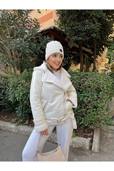 WoolnClyde Blană albă pentru femei în interior Blană albă, lungă, de piele artificială, pentru motociclist