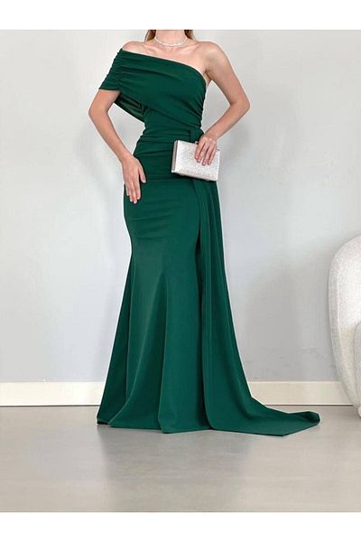 WoolnClyde Women's Emerald Madonna Collar Single Short Sleeve Tail Detailed Maxi Length Drape Gathered Long Evening Dress