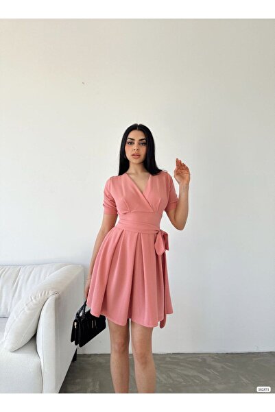 WoolnClyde Kadın Pudra Kruvaze Yaka Kısa Kollu Beli Kuşaklı A line Beli Kuşaklı Kısa Abiye Elbise