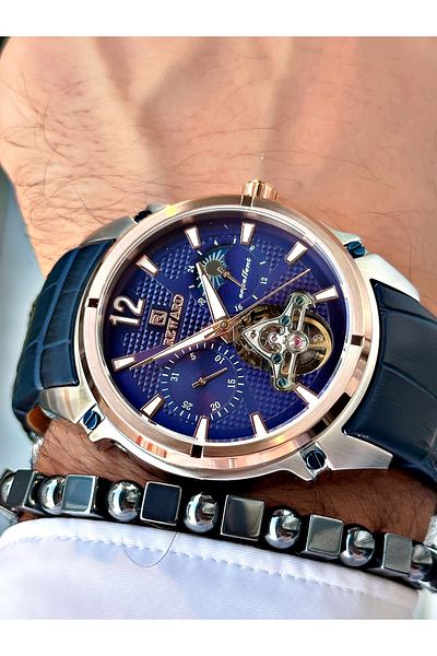 Reward Luxury Men's Wristwatch - Navy Blue Color, Leather Cord, Steel Case, Mechanism + Bracelet Gift