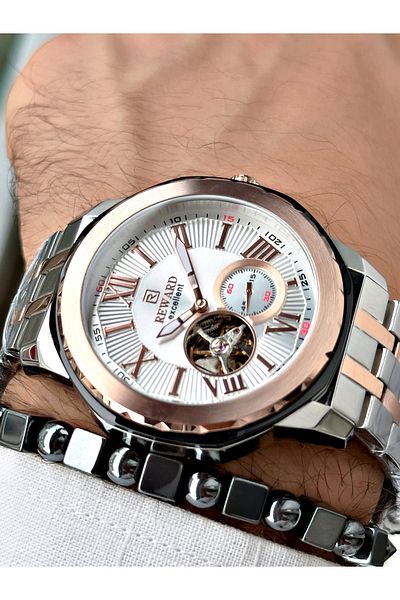 Reward Men's Wristwatch - Rose Silver Color, Case Cord Steel Mechanism, Bracelet Included