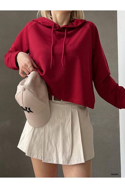 WoolnClyde Women's Claret Red Solid Color Oversize Fit Hooded Hoodie Unprinted Basic Sweatshirt