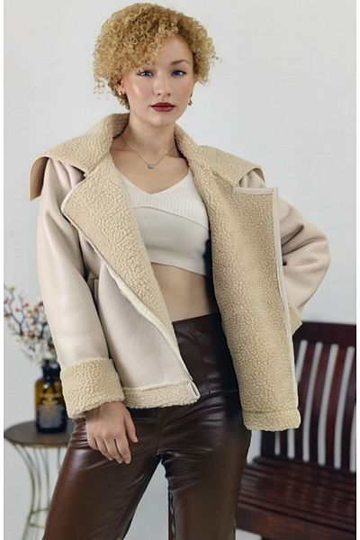 WoolnClyde Women's Cream Full Fur Ring Zippered Back Plush Detail Fur Biker Faux Leather Coat Jacket