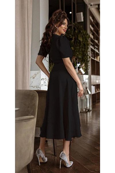 WoolnClyde Women's Black Double Breasted Neck Flounce Tie Waist Belted Short Sleeve Midi Evening Dress