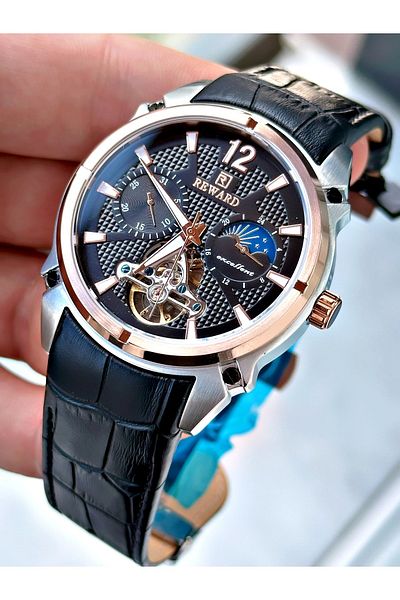 Reward Luxury Men's Wristwatch - Black Leather Cord, Steel Case and Mechanism + Bracelet Gift
