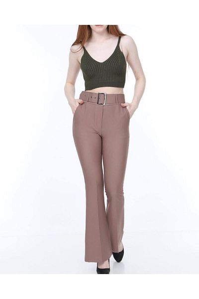 WoolnClyde Women's High Waist Belted Loose Double Fabric Lycra Flared Trousers