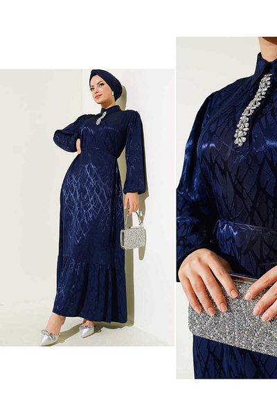 MODA VEDAT Stone Detailed Collar - Jacquard Dress