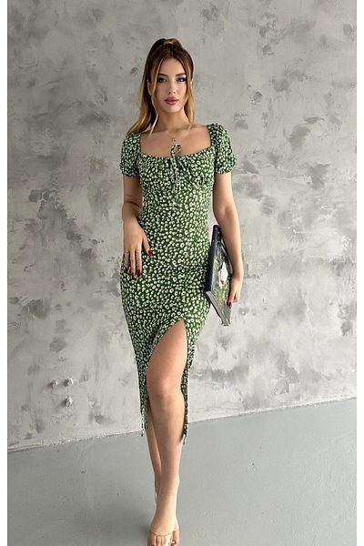 WoolnClyde Rochie midi cu mânecă scurtă, cu guler verde, cu inimă, cu modele florale, din țesătură în spirală