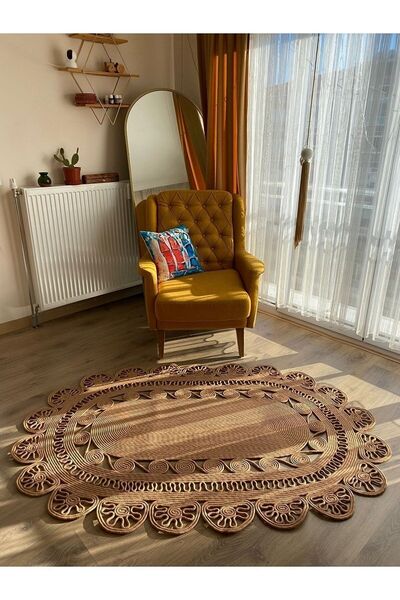 Jüt Modern Hasır El Dokuma Oval Özel Seri Sarmal Salyangoz Detay Şık Kilim Halı Paspas Yolluk