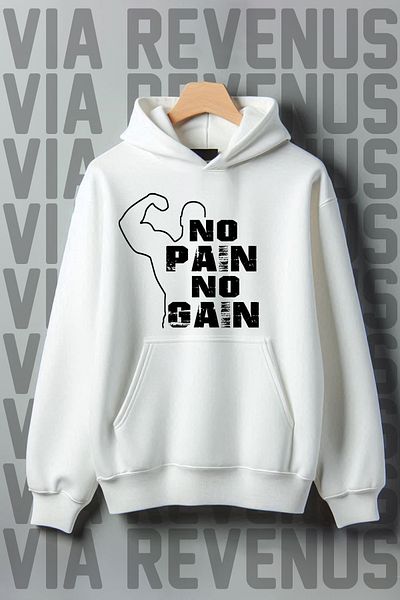 Vordevia No Pain No Gain - Sports Printed White Kangaroo Pocket Hooded Sweatshirt, 3 Thread Raster Wide Fit