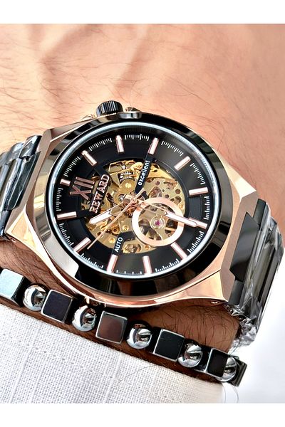 Reward Men's Wristwatch - Black Color, Steel Case and Mechanism Detail + Bracelet