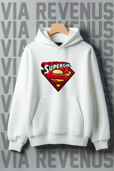 Vordevia Super Girl Printed - 3 Thread Wide Fit Kangaroo Pocket Hooded Sweatshirt
