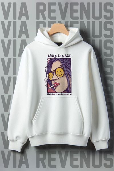 Vordevia Take It Easy Printed - 3 Thread Kangaroo Pocket White Hooded Wide Sweatshirt
