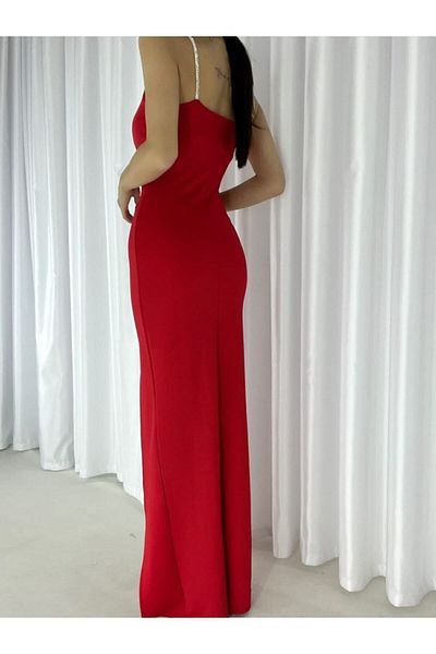 WoolnClyde Women's Red Stone Detailed Double Breasted Neckline Deep Slit Maxi Off Shoulder Scuba Fabric Strap Evening Dress