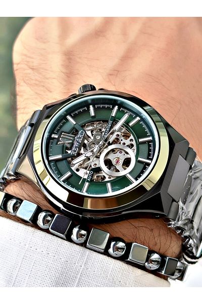 Reward Men's Wristwatch - Black Color, Steel Case and Mechanism Detail + Bracelet