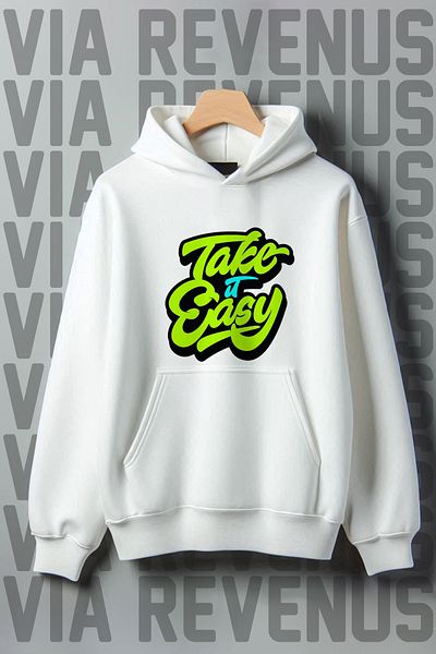 Vordevia Take It Easy Printed - 3 Thread Kangaroo Pocket, Wide Fit Hooded Sweatshirt