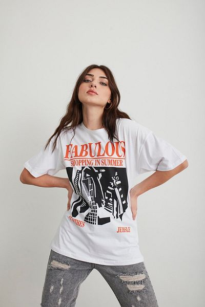 Mad&Calf Γυναικείο λευκό Fabulous εμπριμέ μπλουζάκι Oversize