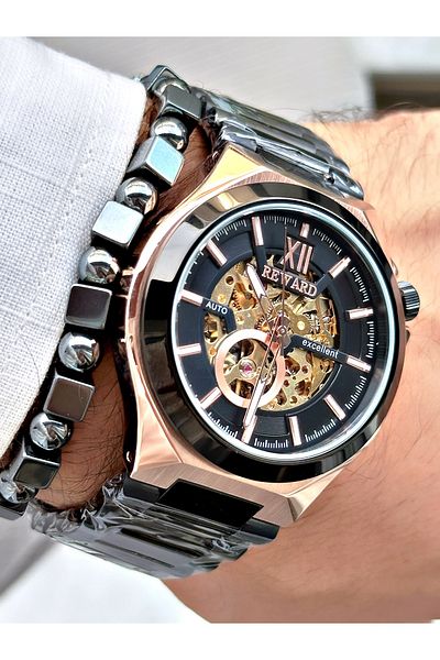 Reward Men's Wristwatch - Black Color, Steel Case and Mechanism Detail + Bracelet