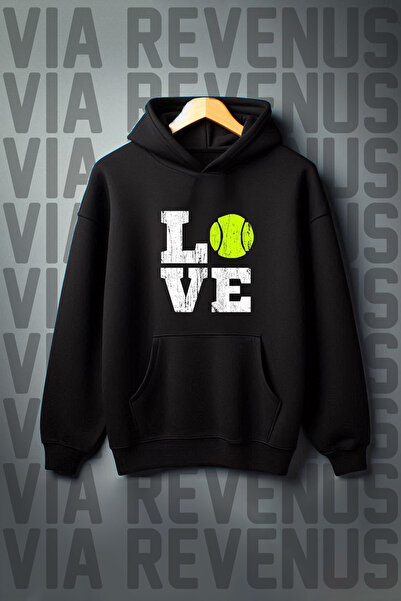 Vordevia Hanorac negru cu glugă cu imprimeu Love Tennis, buzunar cangur, cu 3...