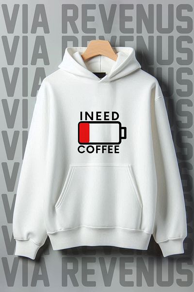 Vordevia White Kangaroo Pocket Need Coffee Printed Wide Fit Hooded Sweatshirt - 3 Thread Raster