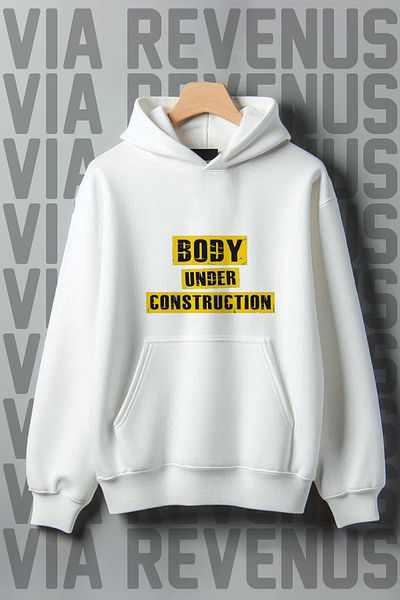 Vordevia Kangaroo Pocket Printed - 3 Thread Ribbed Wide Fit Hooded Sweatshirt