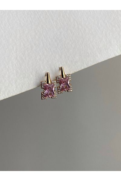 Owentis Rose Gold Pink Crystal Stoned Naxos Earrings - Princess Cut, No Darkening