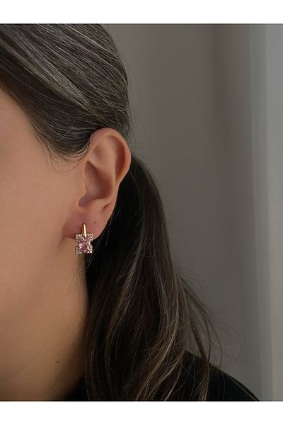 Owentis Rose Gold Pink Crystal Stoned Naxos Earrings - Princess Cut, No Darkening