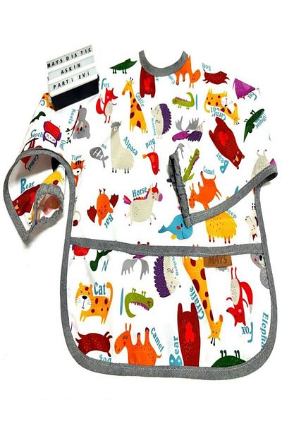 Aşkın Parti Evi 6-24Months, Zoo, Liquid Proof, Pocketed, Machine Washable, Velcro, Long Sleeve Baby Food Bib