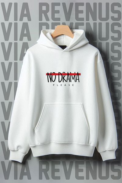 Vordevia Black No Drama Printed Kangaroo Pocket Hooded Sweatshirt - 3 Thread Raster Wide Fit