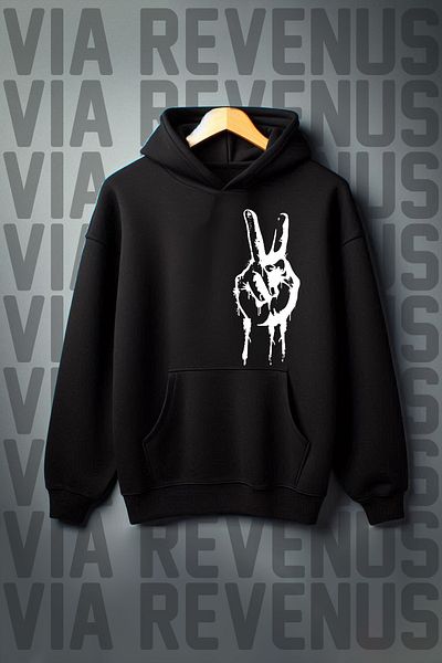 Vordevia Victory Sign Patterned - 3 Thread Kangaroo Pocket, Wide Fit Hooded Sweatshirt