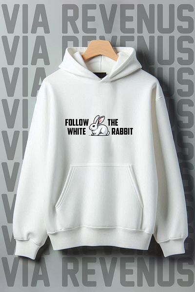Vordevia White Rabbit Printed - 3 Thread Kangaroo Pocket Wide Fit Hooded Sweatshirt