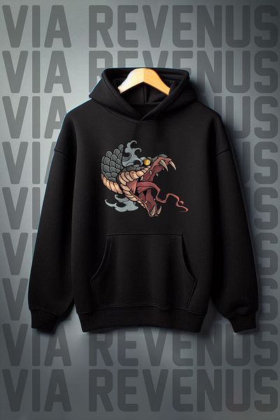 Vordevia Wide Fit Snake Printed 3 Thread Black Hooded Sweatshirt