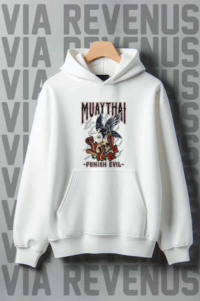 Vordevia White Muay Thai Printed Kangaroo Pocket Sweatshirt - Wide Fit, 3 Thread Raster